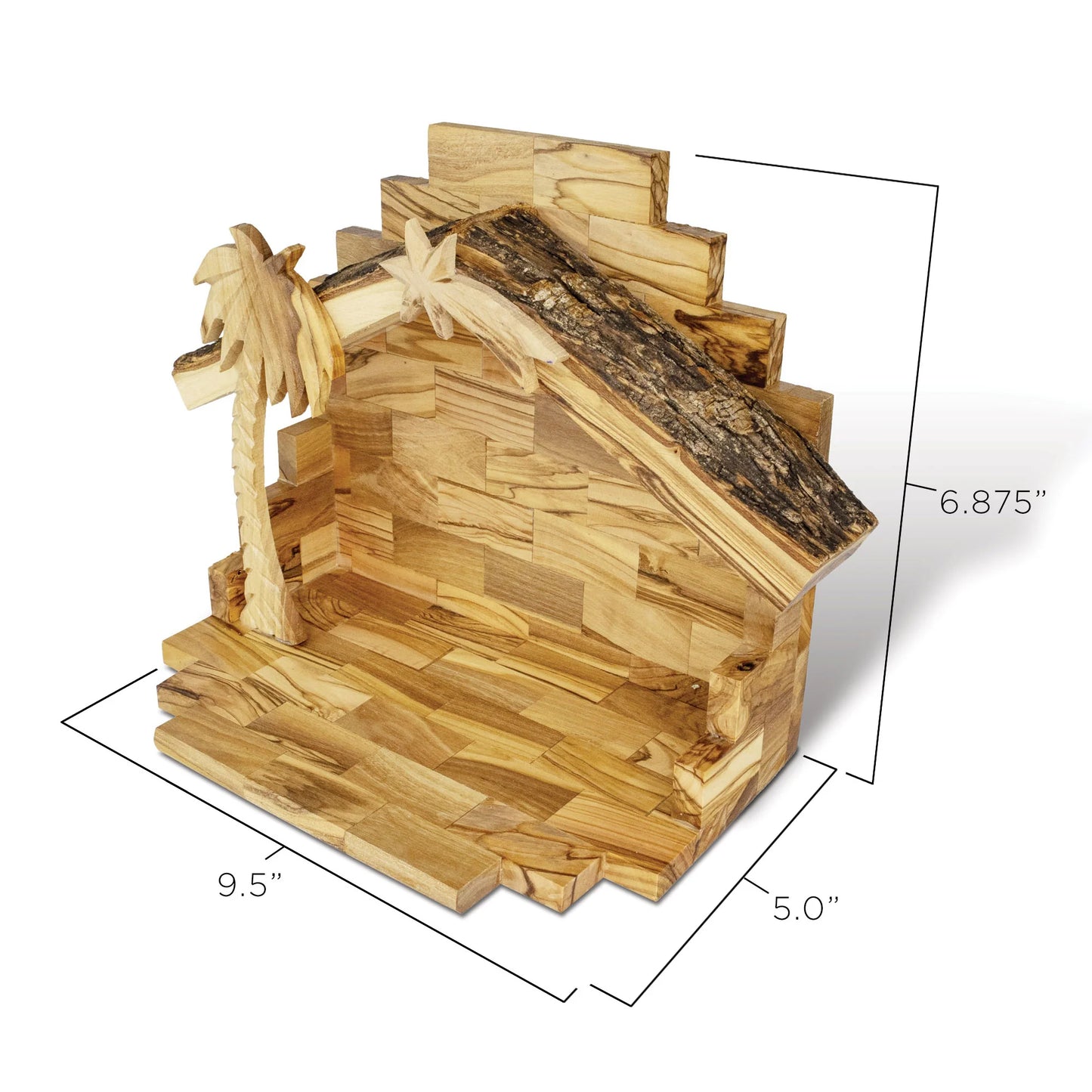 Olive Wood Nativity with Small Bark Roof Stable | 4" Scale | Made in Bethlehem