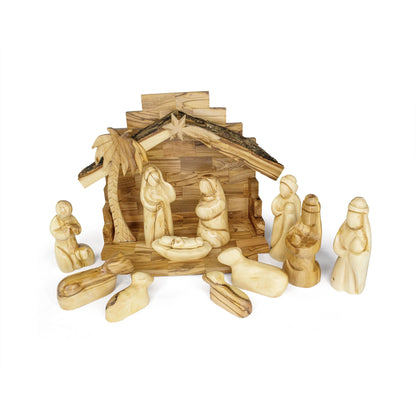 Olive Wood Nativity with Small Bark Roof Stable | 4" Scale | Made in Bethlehem