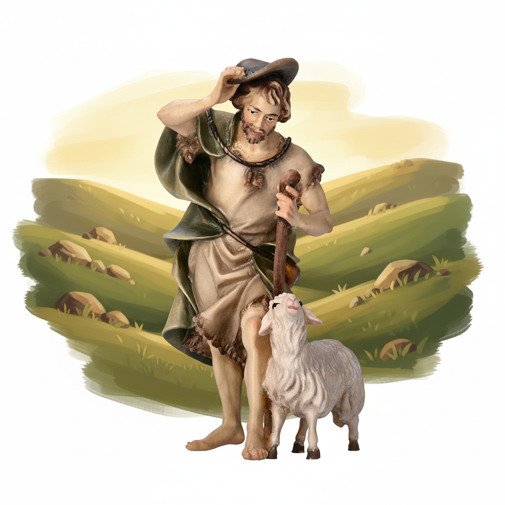 Pastoral Hillside - Shepherd with Staff and Sheep