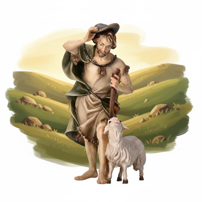 Pastoral Hillside - Shepherd with Staff and Sheep